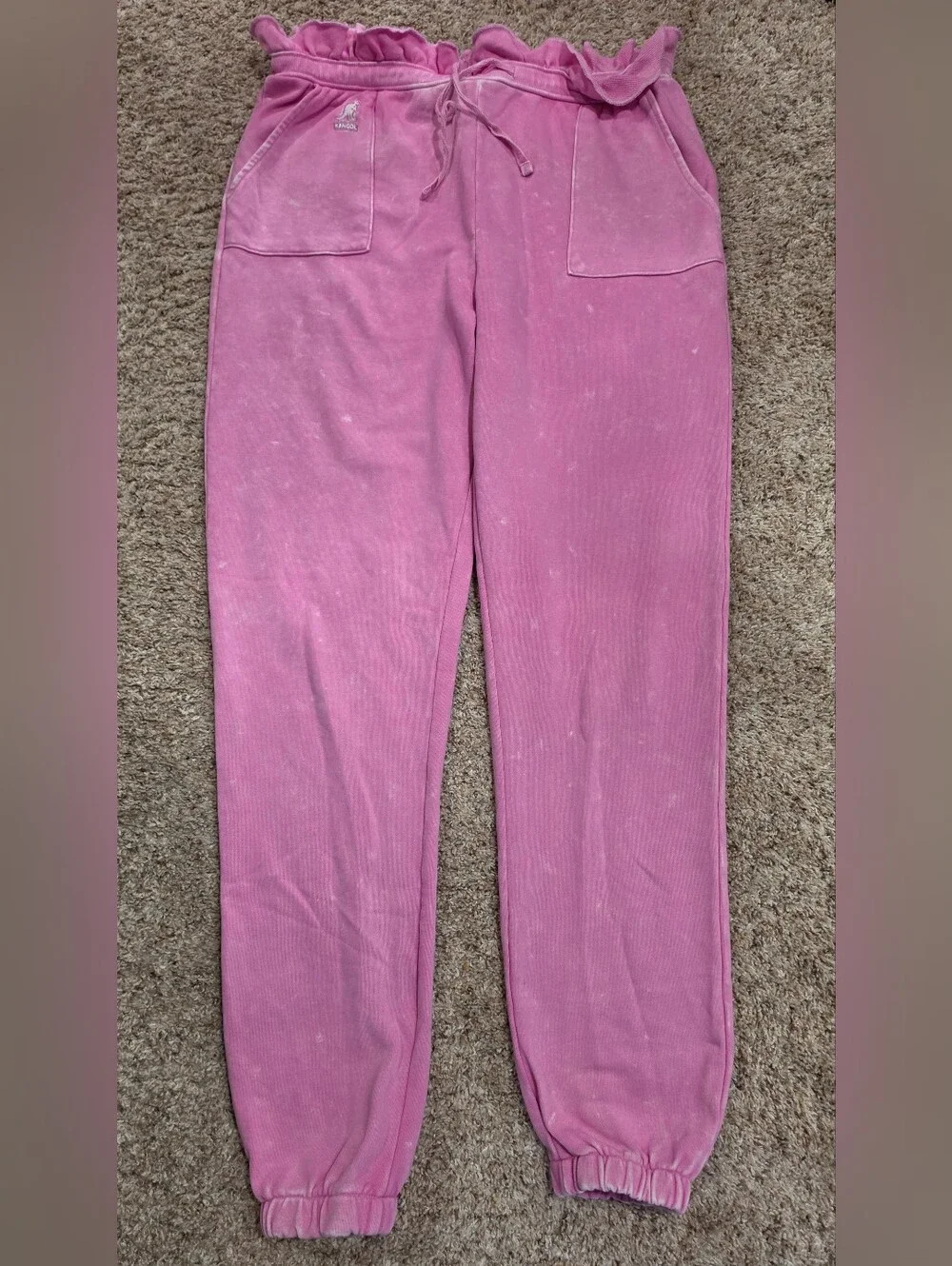 Kangol Pink Acid Wash Paperbag Ruffle Waist Joggers Sweatpants Y2K Style Med